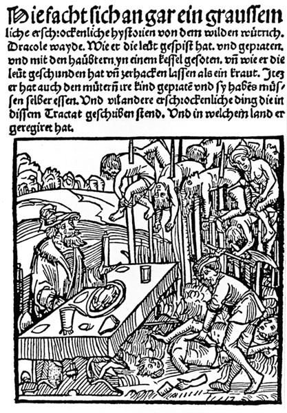 Gravura de pe coperta unei brosuri tiparite la Nurnberg in 1499, cu Vlad Tepes la masa intre tepe